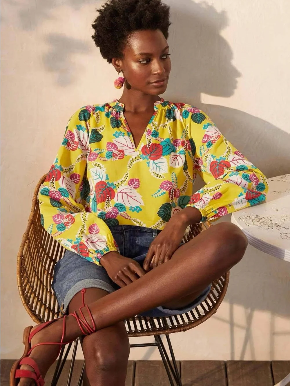 BODEN Heather Yellow Floral Leaf Ruffle V Neck Puff Sleeve Cotton Top - Size 6